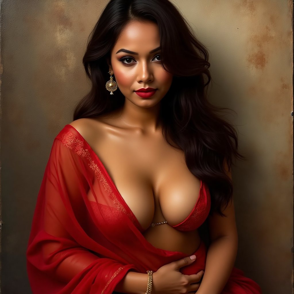 an indian woman with big breast posing naked in a red sari,  provocative indian,  indian by user_697976561474829418 on Ten...