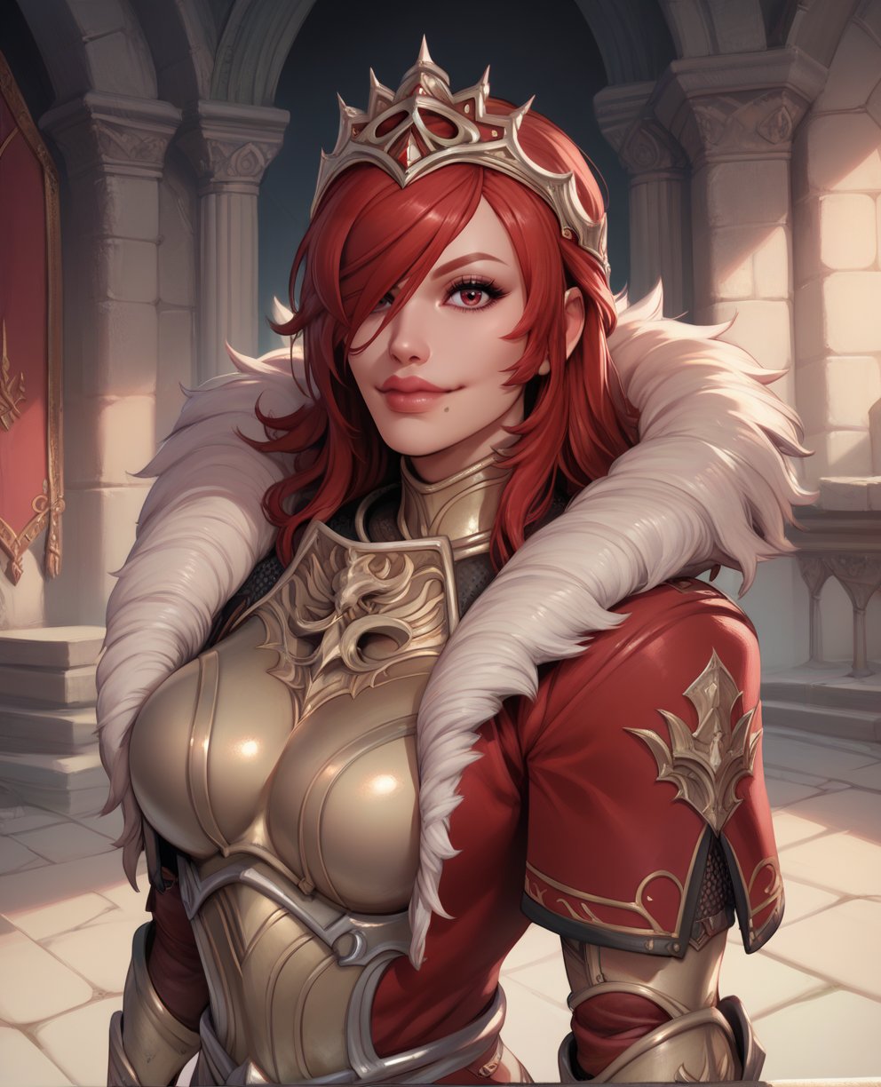 score_9,score_8_up,score_7_up,hildexl,red hair,lips,hair over one eye,red eyes,mole under mouth,armor,gauntlets,fur trim,breastplate,thighhighs,red coat,head crown,looking at viewer,light smile,european castle,<lora:HildeSC6XL-10:0.8>,