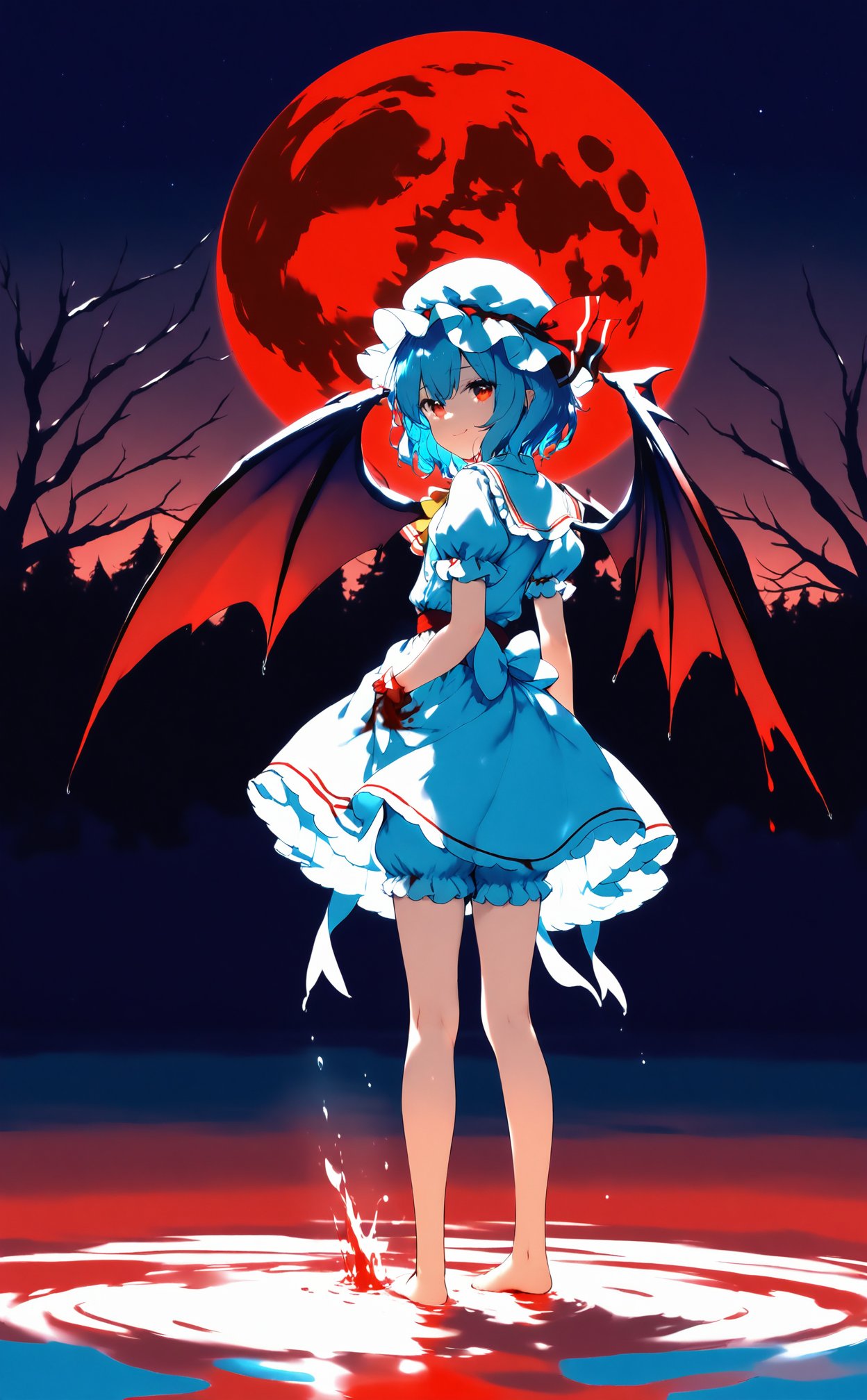 masterpiece,best quality,high quality,(colorful),nai3 Style,loli,Artist ke-ta,1girl,ascot,bare tree,barefoot,bat wings,best quality,blood,blood on hands,bloomers,blue hair,frills,from behind,full body,full moon,hat,hat ribbon,looking at viewer,looking back,mob cap,moon,night,night sky,outdoors,pool of blood,puffy short sleeves,puffy sleeves,red eyes,red moon,red ribbon,remilia scarlet,ribbon,sash,shirt,short hair,short sleeves,skirt,skirt set,sky,smile,solo,standing,standing on liquid,star (sky),starry sky,tree,underwear,water,white bloomers,white skirt,wings,