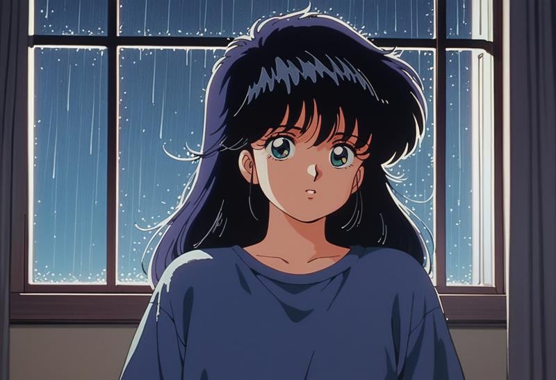 score_9, score_8_up, score_7_up,score_6_up,high resolution,retro,mdk,1girl,solo,black hair,long hair,night,raining,in bedroom,looking at window,pijama,socks,looking at viewer,volumetric lighting,depth of field,upper body,front view