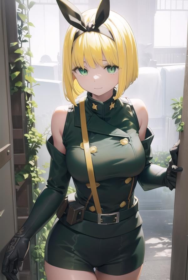 shushusuruga, <lora:shushu suruga manga-lora-nochekaiser:1>,shushu suruga, short hair, bangs, hair ribbon, hairband, blunt bangs, thick eyebrows, (green eyes:1.5), (yellow hair:1.5), smile,BREAK gloves, shorts, elbow gloves, belt, buttons, military uniform, military, (bare shoulders:1.5), (black military uniform:1.7),BREAK outdoors, space, starry sky, star \(sky\), moon,BREAK looking at viewer, (cowboy shot:1.5),BREAK <lyco:GoodHands-beta2:1>, (masterpiece:1.2), best quality, high resolution, unity 8k wallpaper, (illustration:0.8), (beautiful detailed eyes:1.6), extremely detailed face, perfect lighting, extremely detailed CG, (perfect hands, perfect anatomy),