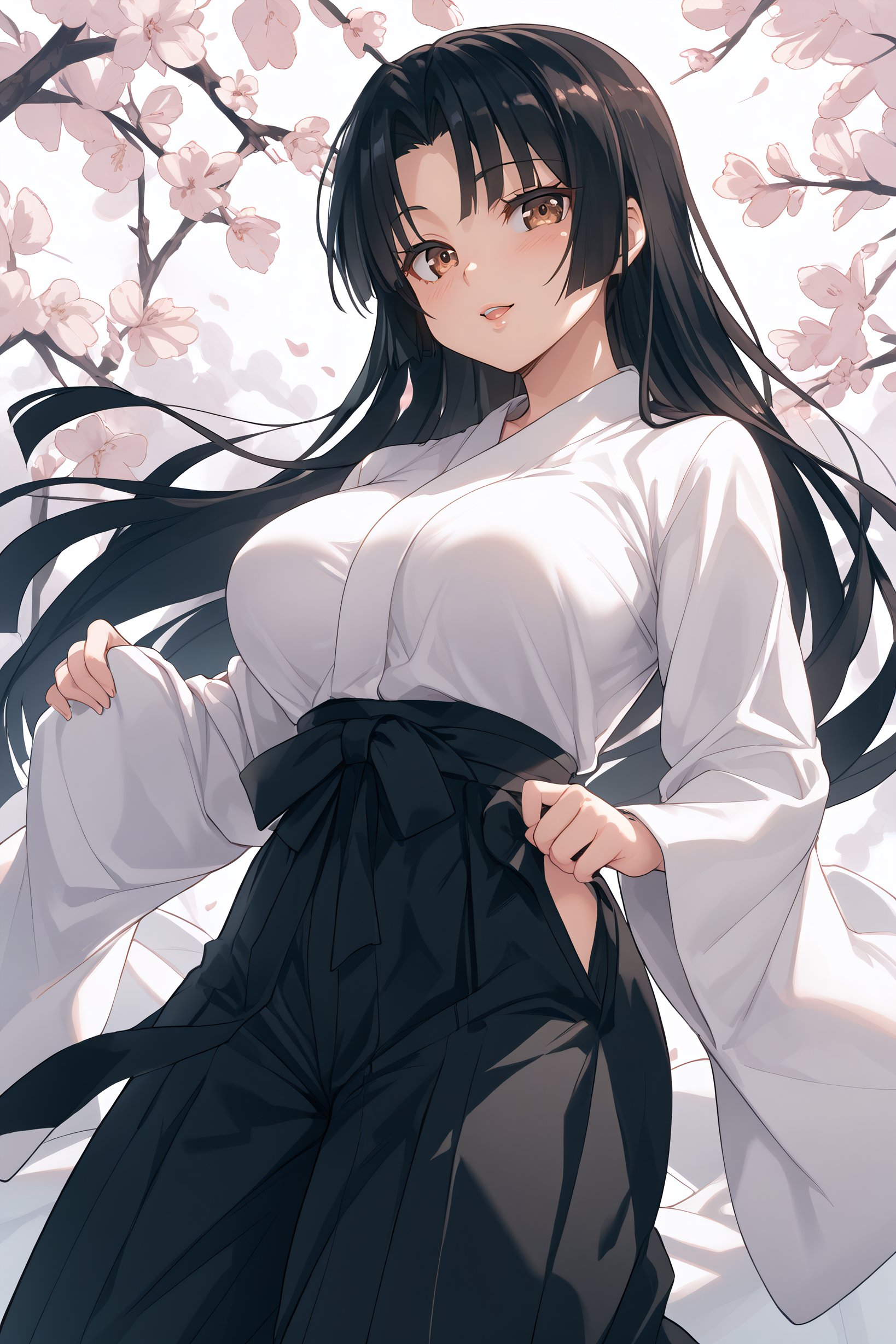 score_9, score_8_up, score_7_up, BREAK source_anime, <lora:Cal Shekar-PonyXL-lora-Faxtron:0.8> cal shekar, brown eyes, black hair, long hair, large breasts, hadanugi dousa, long sleeves, black hakama,