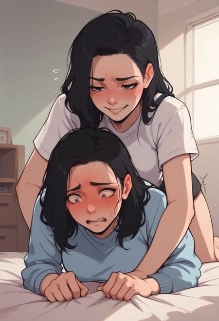 score_8_up, [realistic, ::0.15] two women, shy,  black hair, blush, dry humping, yuri, [SEP] embarrassed