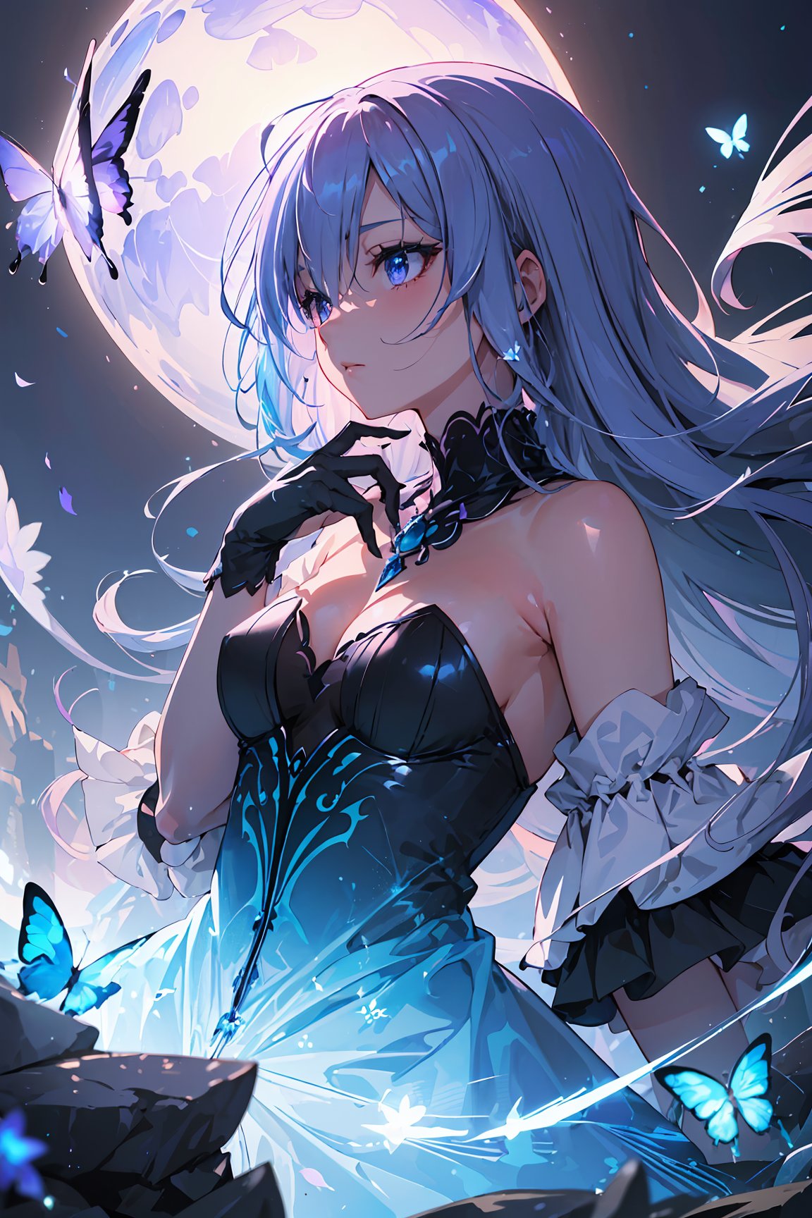 A captivating,  dreamlike anime girl standing in a fantastical landscape filled with swirling shades of sleek black and ir...