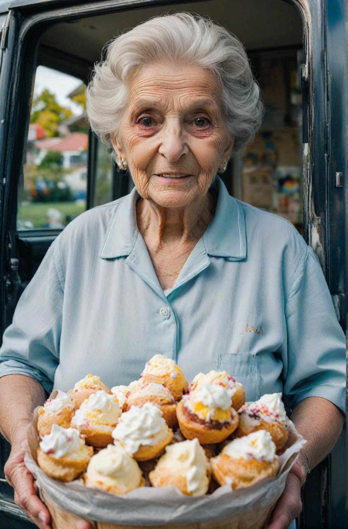 a beautiful high definition crisp portrait of old lady selling icecream from a truck in a suburban area, taken with a professional grade camera with exquisite color grading