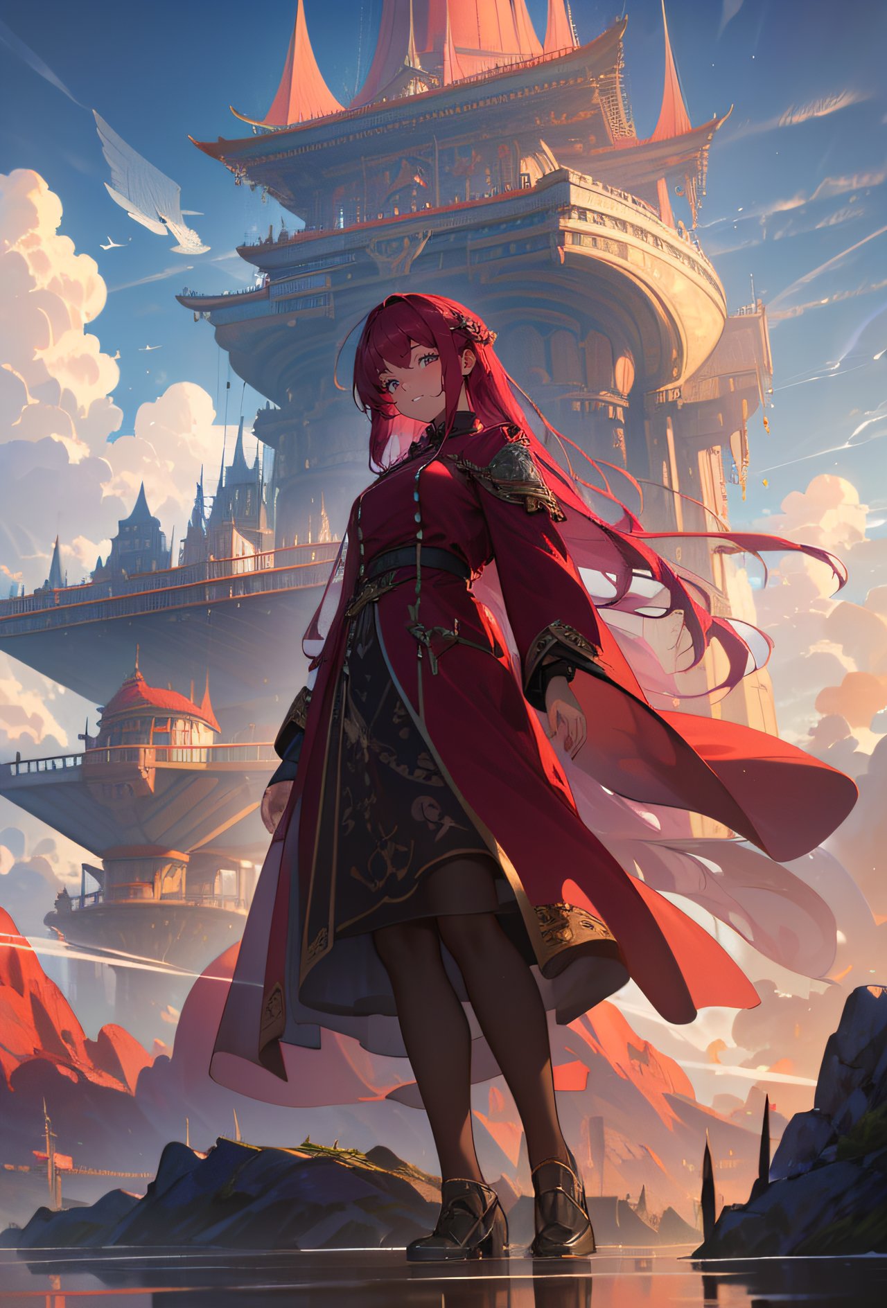 Dutch Angle, 1girl, A deep maroon trenchcoat lined in sumptuous silk, Amongst the floating islands of a sky kingdom, where airships navigate between cloud-crafted structures and winged creatures glide freely, (masterpiece, best quality, hires, high quality, by professional artist, ultra detailed, extremely detailed, absurdres, incredibly resolution:1.2), good hands, perfect hands, <lora:GoodHands-beta2:1>