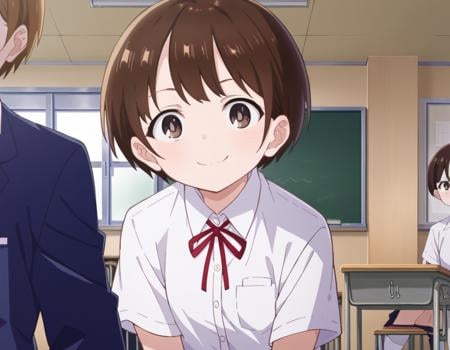 score_9, score_8_up, score_7_up, source_anime,chihirokobayashi, <lora:chihiro-kobayashi-s2-ponyxl-lora-nochekaiser:1>,chihiro kobayashi, short hair, brown hair, brown eyes,skirt, shirt, school uniform, pleated skirt, socks, white socks, white shirt, collared shirt, ribbon, red ribbon, short sleeves,indoors, classroom, bent over, smile,looking at viewer, cowboy shot, dutch angle,