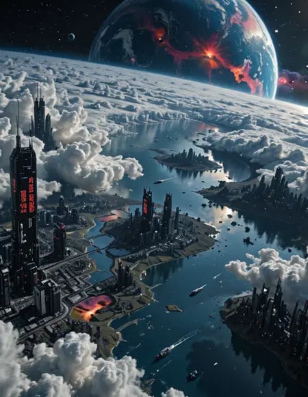 On a cloudy planet,  there is a large cyberpunk city with very hight dark blue buildings stretching above the clouds in sp...