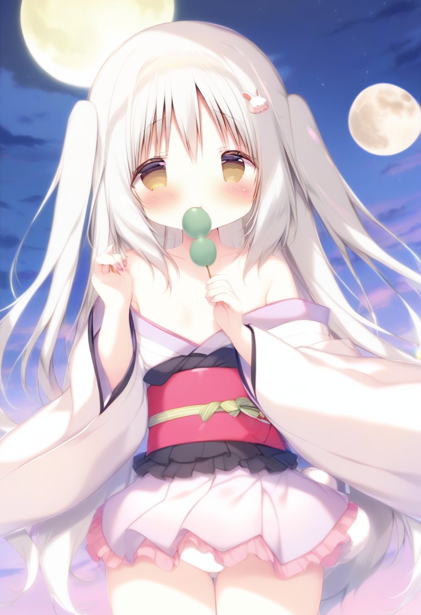 loli, 1girl, (shiratama (shiratamaco)),1girl, white kimono, kimono, full moon, solo, japanese clothes, moon, rabbit ears, night, animal ears, sky, food, off shoulder, holding food, night sky, wide sleeves, long hair, wagashi, holding, very long hair, blush, outdoors, hair between eyes, bangs, long sleeves, brown eyes, mochi, bare shoulders, cloud, eating, looking at viewer, dango, rabbit tail, obi, hands up, white hair, breasts, sash, white socks, <lora:baiyu-000016:1>, masterpiece, best quality