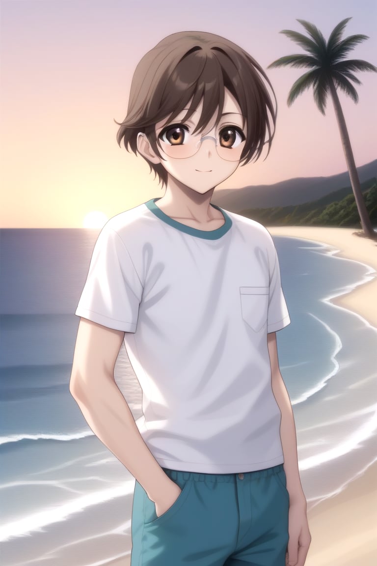 Highly detailed, High Quality, masterpiece, beautiful, BREAK 1boy, solo, male focus, 16 years old, yuuki ashikaga, brown hair, brown eyes, short hair, glasses, BREAK beach, palm trees, sea, outdoors, sunset, BREAK pants, white T-shirt, BREAK Front view, Focus waist, standing<lora:EMS-438646-EMS:1.000000>