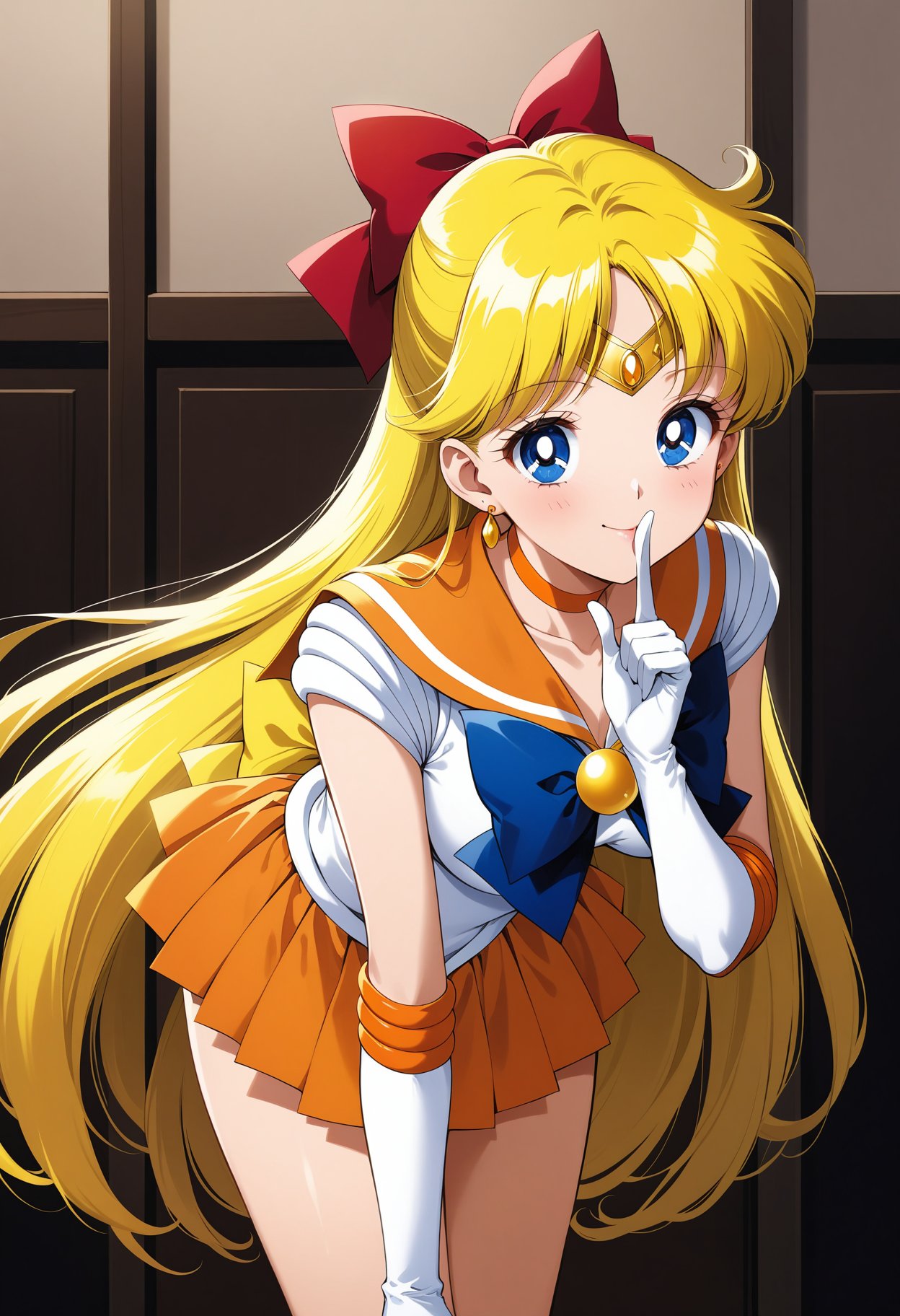 (masterpiece, best quality, very aesthetic, ultra detailed), intricate details, 4k, aavenus, long hair, blonde hair, hair bow, tiara, earrings, blue eyes, orange choker, orange sailor collar, blue bowtie, white shirt, elbow gloves, white gloves, pleated skirt, orange skirt, bare legs, <lora:sailor_venus_animaginexl_v2:0.9>, smile, leaning forward, upper body, shushing, indoors, finger to mouth, 