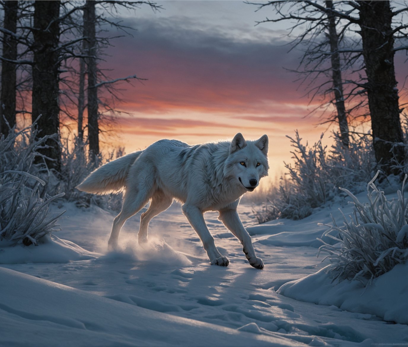 nature shot with wide shot an icy artic tundra,artic-wolf running through a snowdrift,hunting,nightfall,dimly lit,intense gaze,tension,perfect composition,masterpiece,best quality,Outdoors,greenery,natural light,fresh,vivid contrast,vivid color,Hyperrealistic art cinematic film still photography in the style of detailed hyperrealism photoshoot