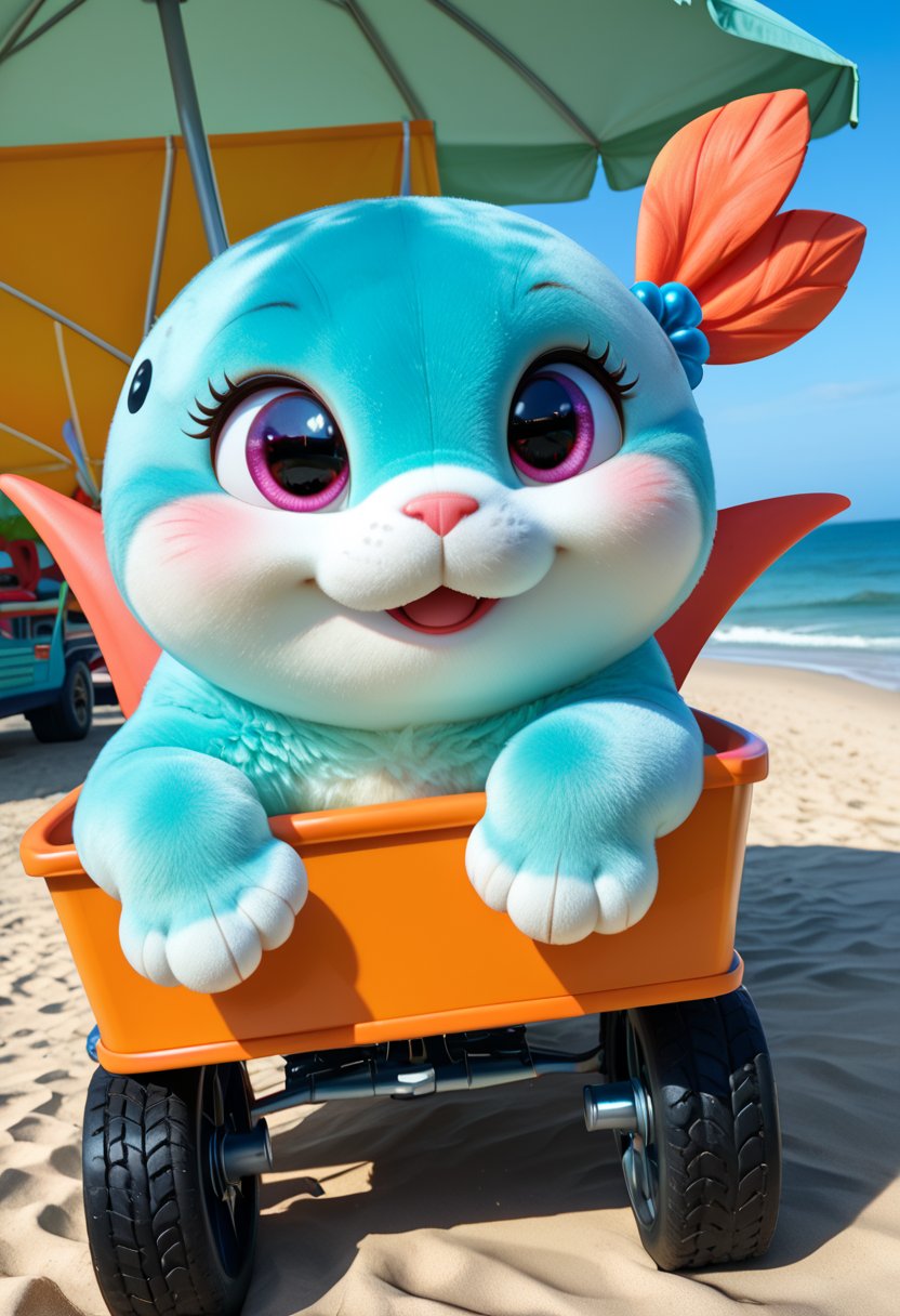 Capture the whimsical charm of a hybrid creature that combines the cuteness of a seal with the quirky fun of a beach buggy in astounding detail. The creature's body resembles a plump, fluffy seal, complete with big, soulful eyes and a playful, whiskered smile. Its sleek, streamlined form transitions seamlessly into the vibrant, colorful chassis of a beach buggy, adorned with oversized, cartoonish wheels and a cheerful, sunshade canopy. The buggy's headlights twinkle mischievously, adding a touch of humor to the scene. The creature's flipper-like paws rest comfortably on the buggy's steering wheel, exuding a sense of contentment and joy. The sandy beach backdrop is dotted with seashells, beach umbrellas, and frothy waves, enhancing the creature's adorable and endearing presence., score_9,score_8_up,score_7_up,highly detailed,high budget,masterpiece,best quality,perfect anatomy,very aesthetic,8k,