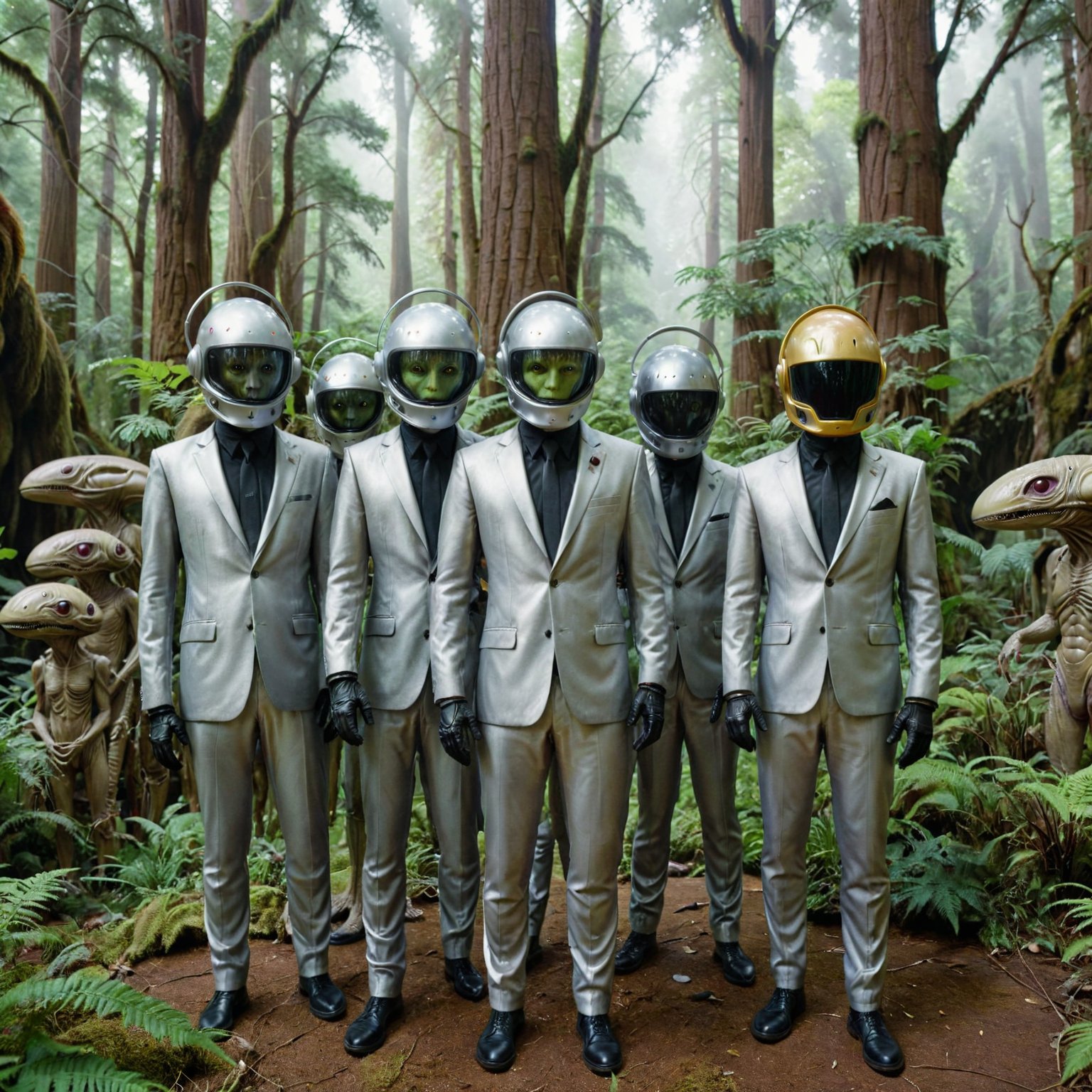 <lora:test2reralbi:1>  cinematic moviemaker style, photograph, Kodak gold 200, In a surreal landscape, surrounded by towering trees and lush greenery, stands a group of alien creatures. They are dressed in sleek silver suits and helmets, artefact, colorless, contemporary fine detail, rich vivid colors, romantic, deep aesthetic, highly complex, imposing