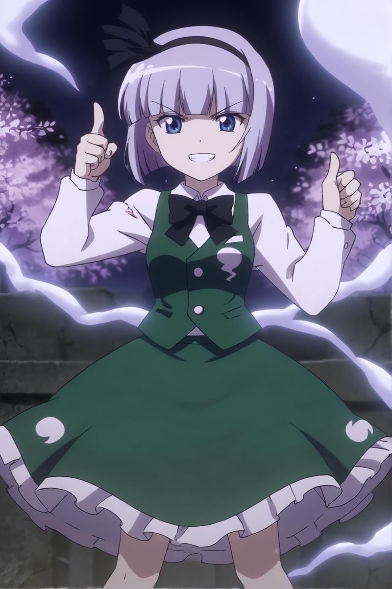 score_9, score_8_up, score_7_up,anime_source, source_anime, best background, detailed background, anime screencap,  Youmu, bow, bowtie, ghost, green skirt, hitodama, ribbon, serious, shirt, skirt, solo, vest,grin, dynamic angle, thumbs up, dynamic camera,  outdoors, cherry blossom, soft particles, <lora:JN_Konpaku_Youmu:0.8>