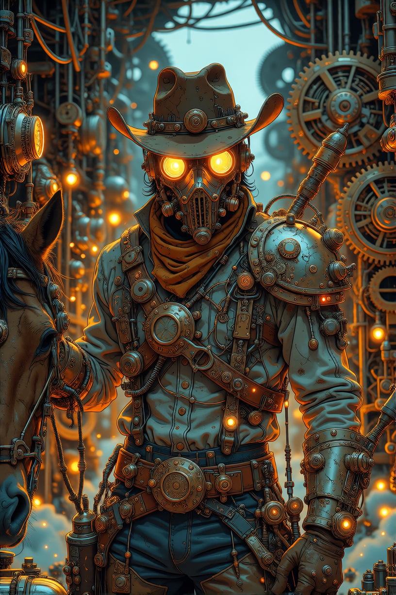 Steampunk cowboy with mask,  helmet,  and harness by inknoir on Tensor.Art