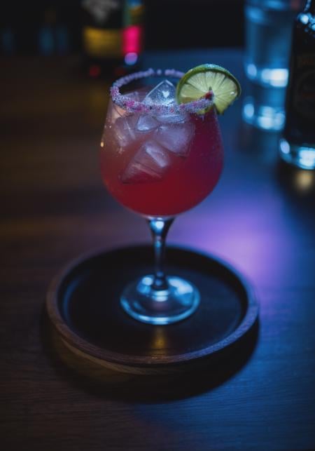 Highly detailed, Professional drink photograph, Full4d, round wooden coaster, ice cube, transparent glass, (pink cocktail:1.2), alcohol, no_humans, realistic, blurry background,  <lora:pink_grapefruit_juice_with_ice_cube_v3.0:0.5>, narrow depth of field, centred shot