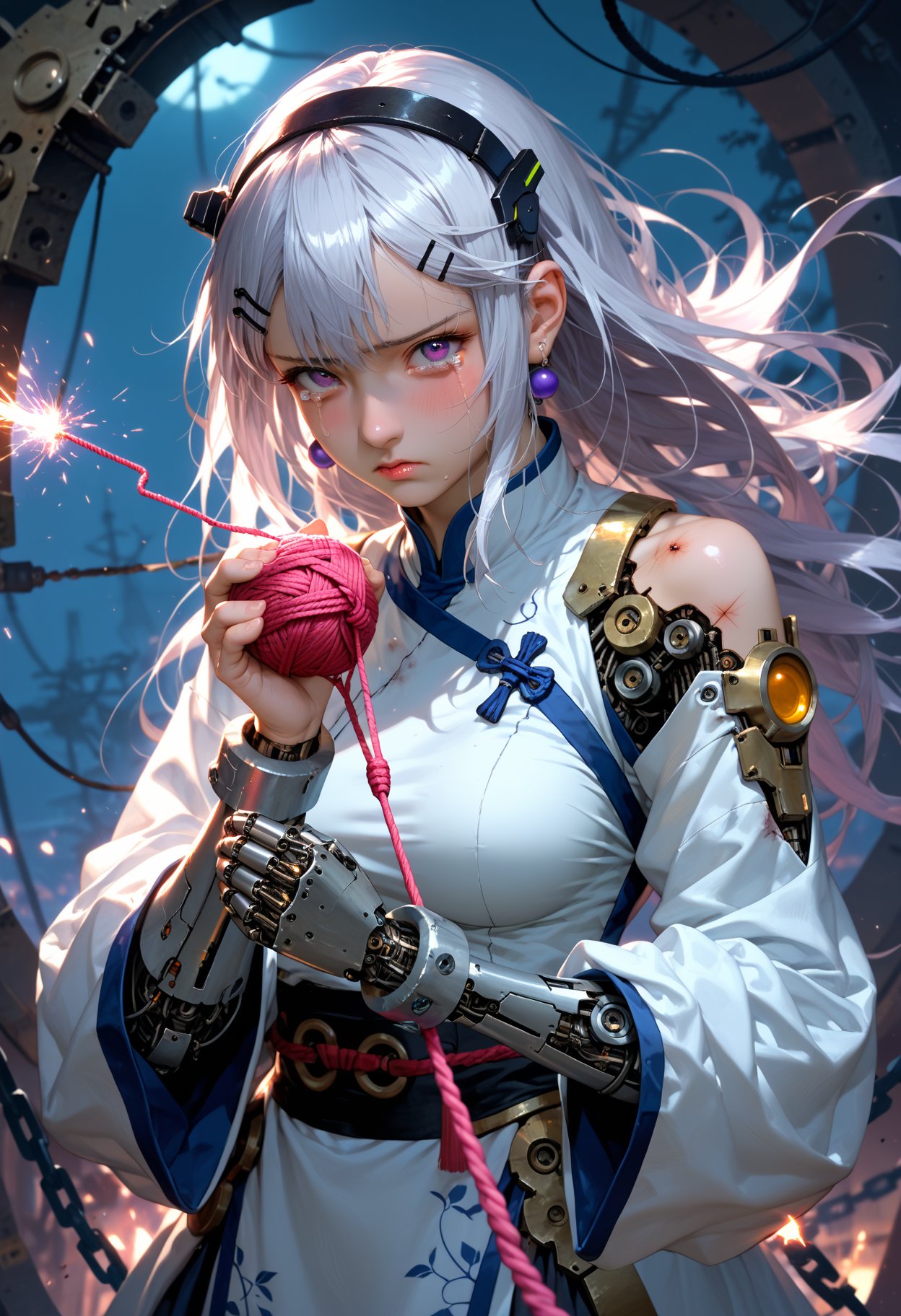 1girl,solo,looking at viewer,medium hair,bangs,hairband,purple eyes,hair ornament,hair between eyes,white hair,fluffy hair,large_breasts,blush shy,shiny_skin,very detailed clothes,very realistic textures,very detailed textures,longeyelashes,brown eye shadow,night,dim light,cyberpunk,mechanical arm,sci-fi style clothes,hair_tucking,metal material,realistic metallic texture,hands,raise your hand,Injuries,scratches,gears,links,chains,wires,sparks,electric sparks,crying,tears,1girl,large_breasts,Gray hair,air bangs,very long hair,thick hair,fluffy hair,Chinese clothing,very long dresses,hair accessories,hairpins,loose sleeves,long sleeves,bracelets,earrings,Hanfu,fine costumes,fine textures,girl standing beside the peach tree in a daze,flapping her hair,light yarn,translucentaaaa,, score_9,score_8_up,score_7_up,masterpiece,best quality,8k,