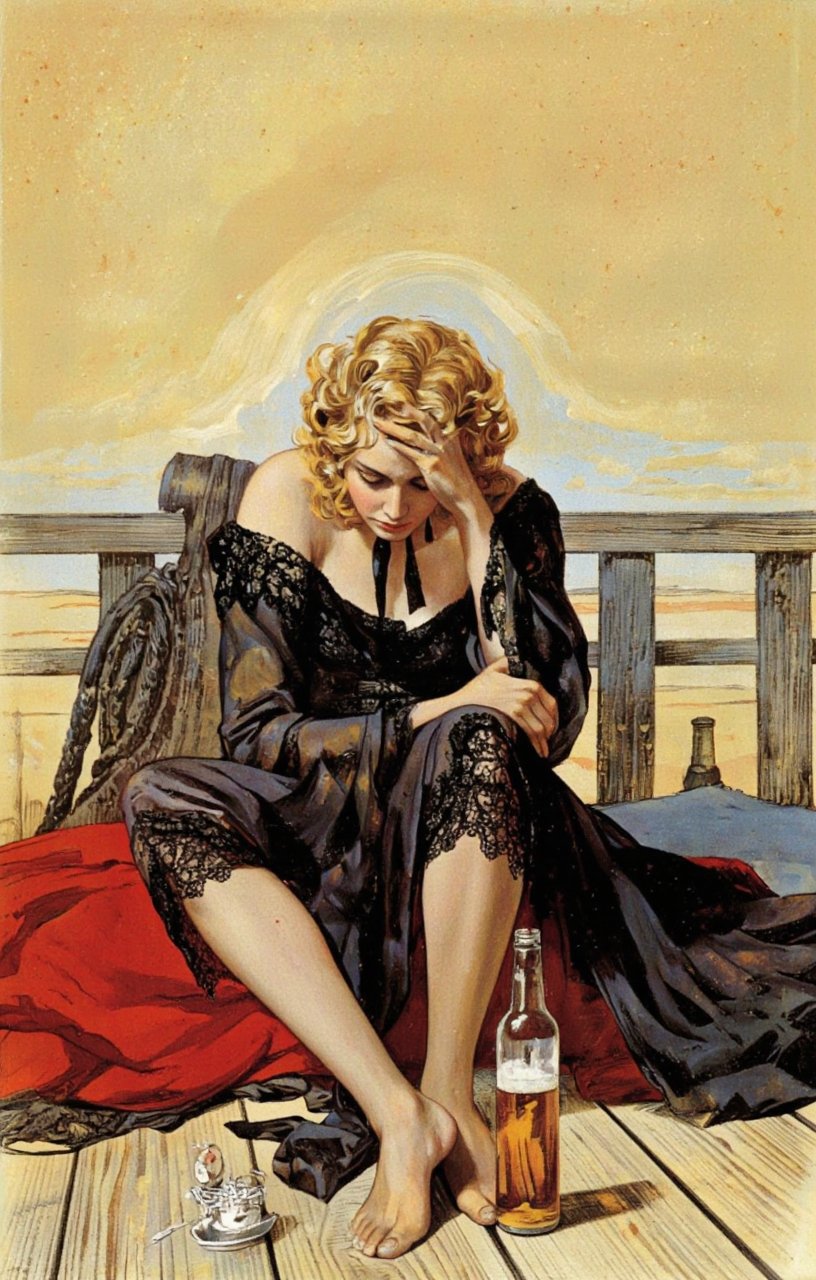 RobGin style. A vintage pin-up illustration from the side,  depicting a woman sitting alone on a wooden deck with a bottle...