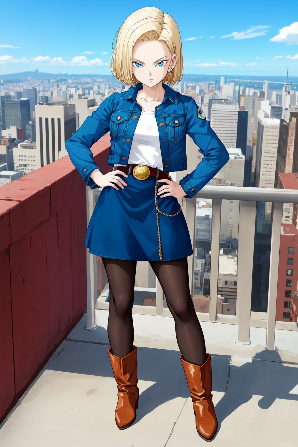 masterpiece, detailed face, android 18, 1girl, solo, looking at viewer, short hair, blue eyes, skirt, blonde hair, cityscape, skyscraper, shirt, long sleeves, city, jewelry, standing, jacket, full body, pantyhose, earrings, boots, belt, hand on hip, denim, hand in own hair, denim skirt, denim jacket, white sleeves, striped sleeves, black shirt <lora:4ndro1d_18-000008:0.8>