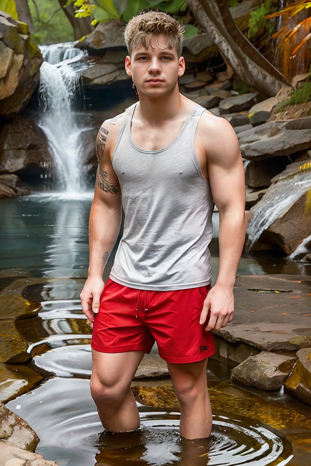 mrkstyle,  BrandonPMyers wearing gray tank top,  red swimshorts by txhorn75 on Tensor.Art