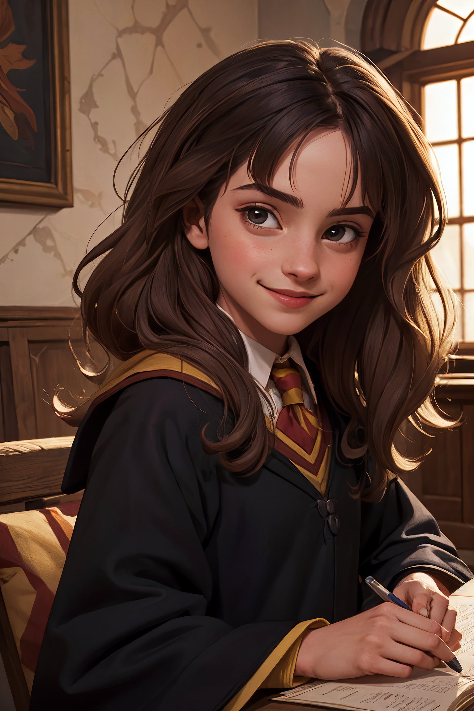 cyberhermione, portrait of a girl, smile, naughty look, indoors, hogwarts, <lora:SD15_cyberhermione_lora_512_v5:0.9>