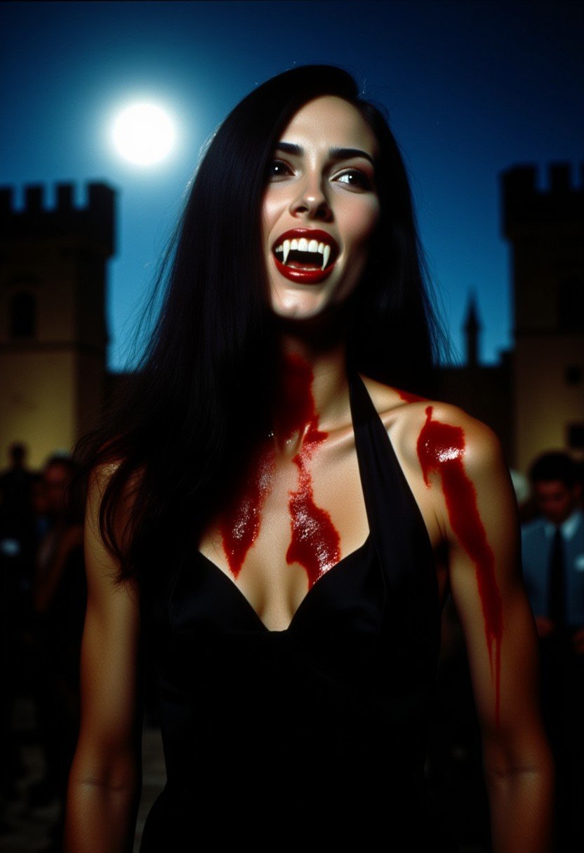 Vampyfangs1. a film still photo. 35mm. 4k. From a 1980s movie. a long black haired vampire woman is showing off her fangs, she's wearing a black dress, covered in blood, bloody, she is at a castle, elegant. Night. Full Moon. Dramatic lighting. Noir.