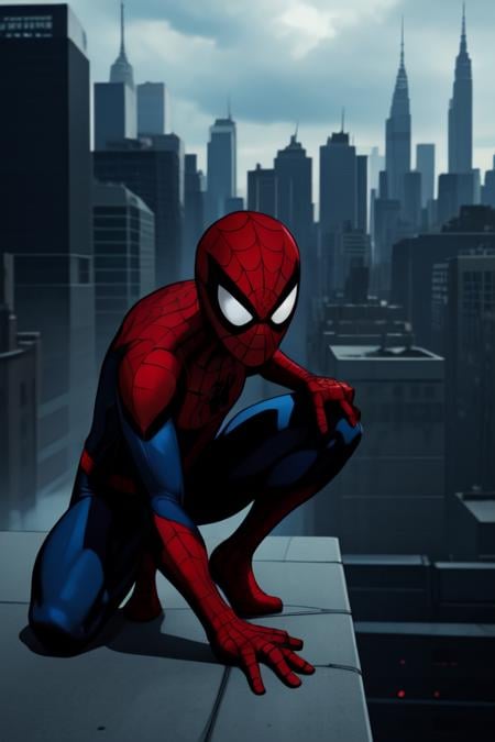 comic book style, flat colors, Spiderman, man, (crouching down, spider-man pose, back to camera), facing away, male toned body, perched on top of a high metal construction site, spiderman mask, overlooking manhattan, buildings, somber moment, skyscrapers, looking down, detailed background, day time, (wide shot), foreshortened perspective, 3-point perspective, dutch angle,