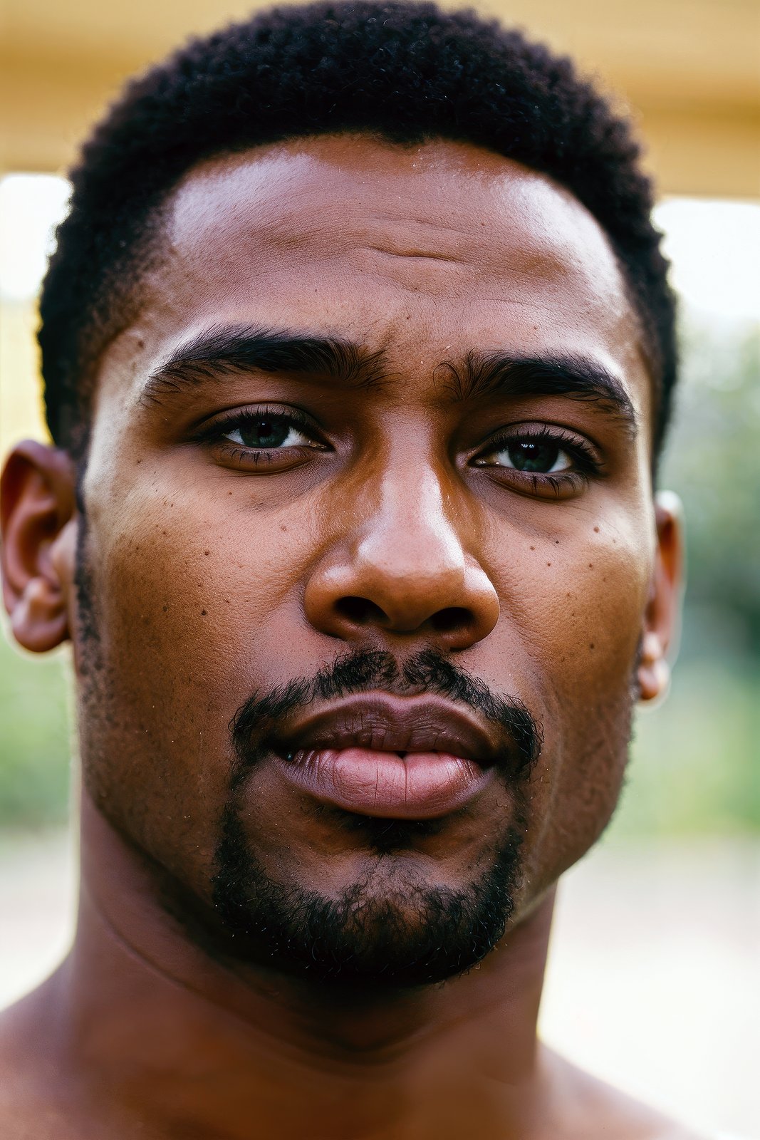 lifestyle photography photo of a black man, anticipate facial expression, close up on face, under soft lighting, high angle, shot on a Fujicolor Pro