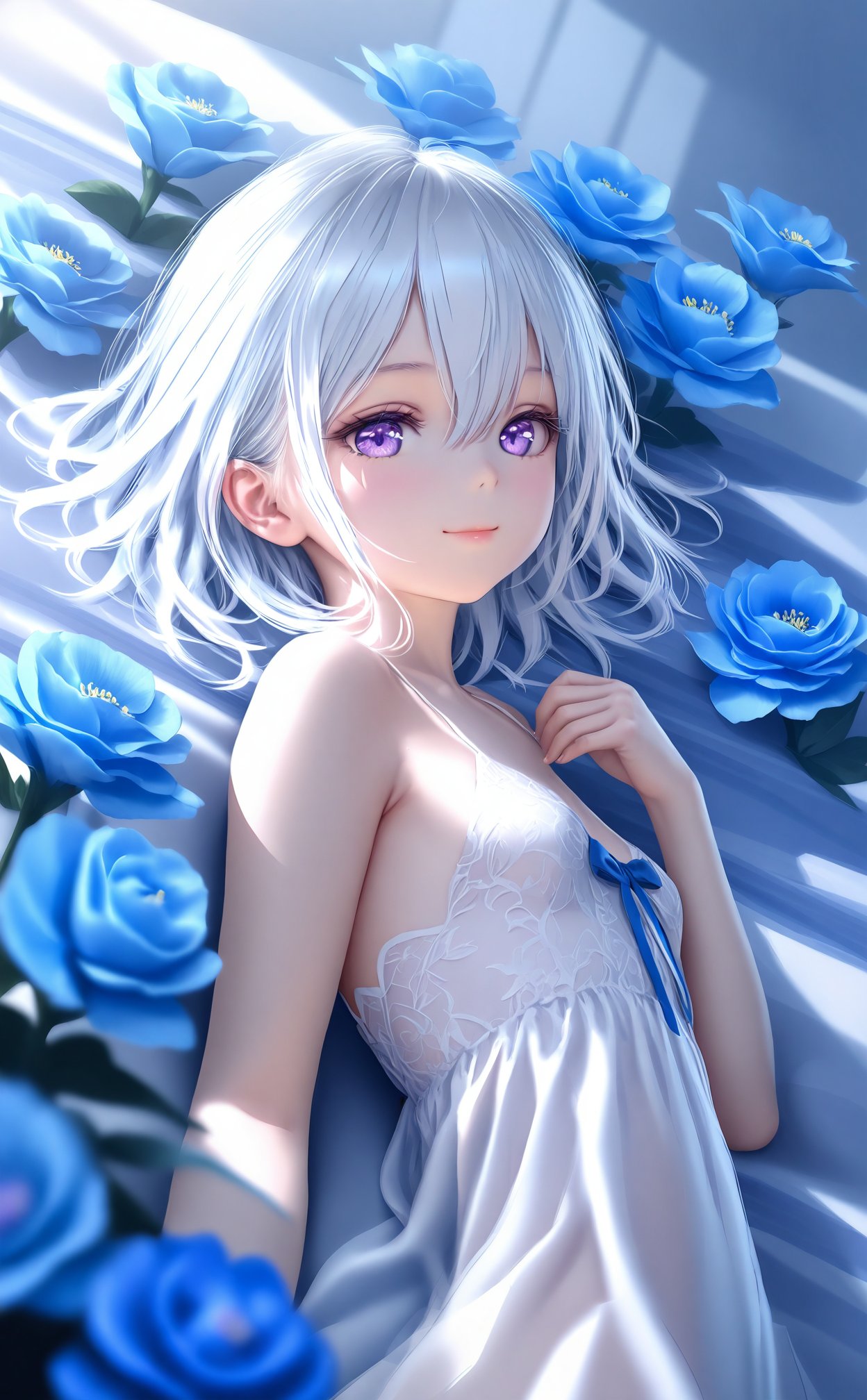 (masterpiece),(best quality),illustration,ultra detailed,hdr,Depth of field,(colorful),realistic,loli,1girl,solo,flower,dress,sleeveless,lying,white dress,looking at viewer,sleeveless dress,blue eyes,on back,closed mouth,bare shoulders,blue flower,hair between eyes,bare arms,smile,blue theme,white hair,short hair,hand up,medium hair,purple eyes,small breasts,from side,breasts,