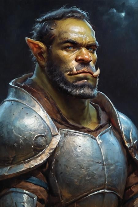 score_9, score_8_up, score_7_up, oil painting, traditional media, realistic, 1boy, solo, male focus, mature male, orc, green skin, tusks, blue eyes, short hair, black hair, facial hair, beard, mustache, looking at viewer, armor, shoulder armor, breastplate, pauldrons, upper body, closed mouth, standing, outdoors, night, night sky, dark background <lora:Oil Painting Sharp Style LoRA_Pony XL v6:1>