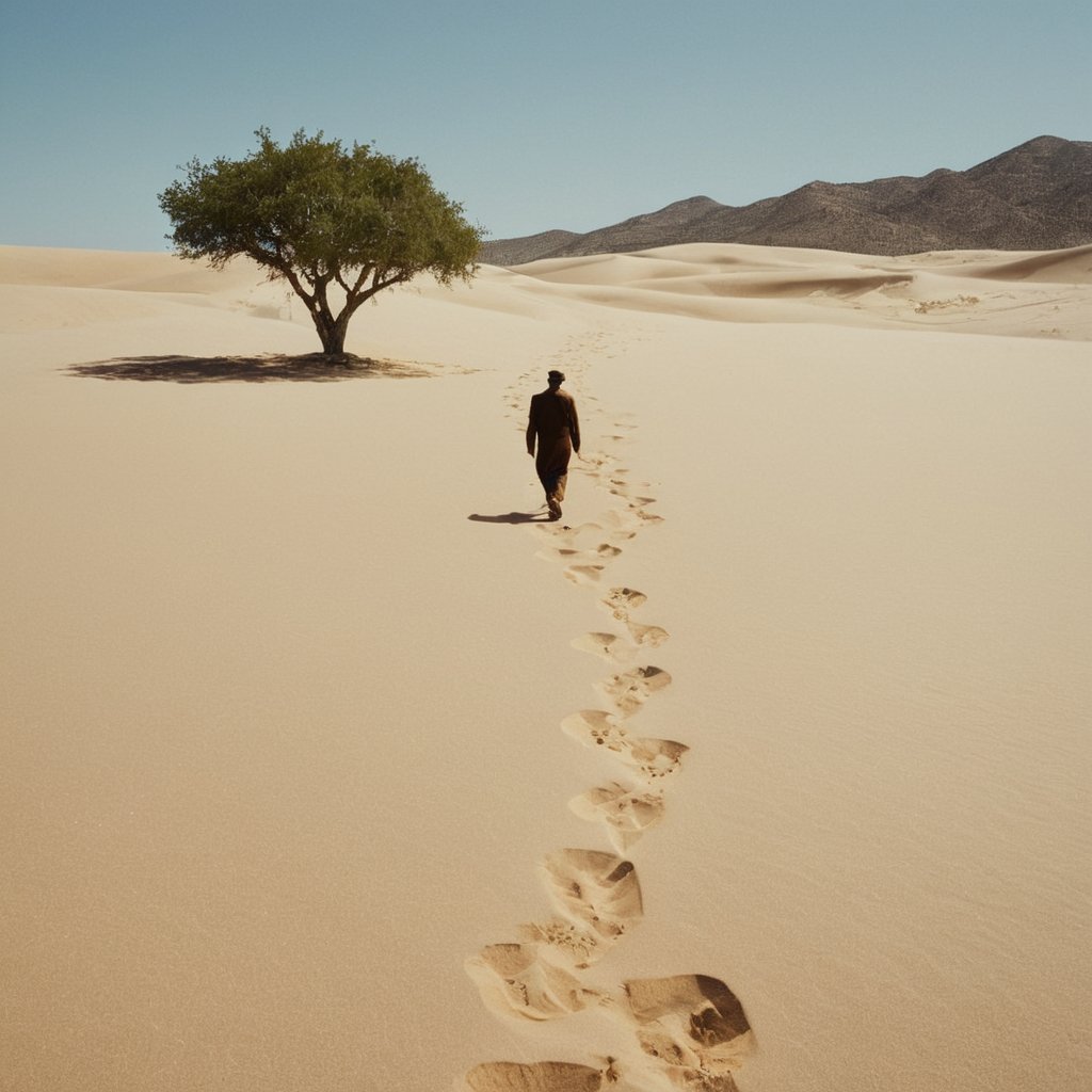 cinematic film still of  <lora:Fine art photography style:1>Juxtaposition of a person walking across a sandy desert area,outdoors,sky,day,tree,ocean,traditional media,beach,nature,scenery,sand,landscape,shore,desert Juxtaposition,artistic,photography,dramatic light,dramatic shadow light,contrast,saturated color,cinematic,filmic,photographic,realistic,realism,perfection,perfect,Juxtaposed,opposite,different things,side by side,syncretism,antithesis,Juxtaposition style,desert , creative, photorealism, hyperrealism, Fine art photography style, Fine art cinematic photography style, shallow depth of field, vignette, highly detailed, high budget, bokeh, cinemascope, moody, epic, gorgeous, film grain, grainy