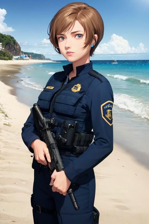 1girl, sxtopaz, short hair, brown hair, earrings, police uniform, beach <lora:topaz-military-v1:0.7>