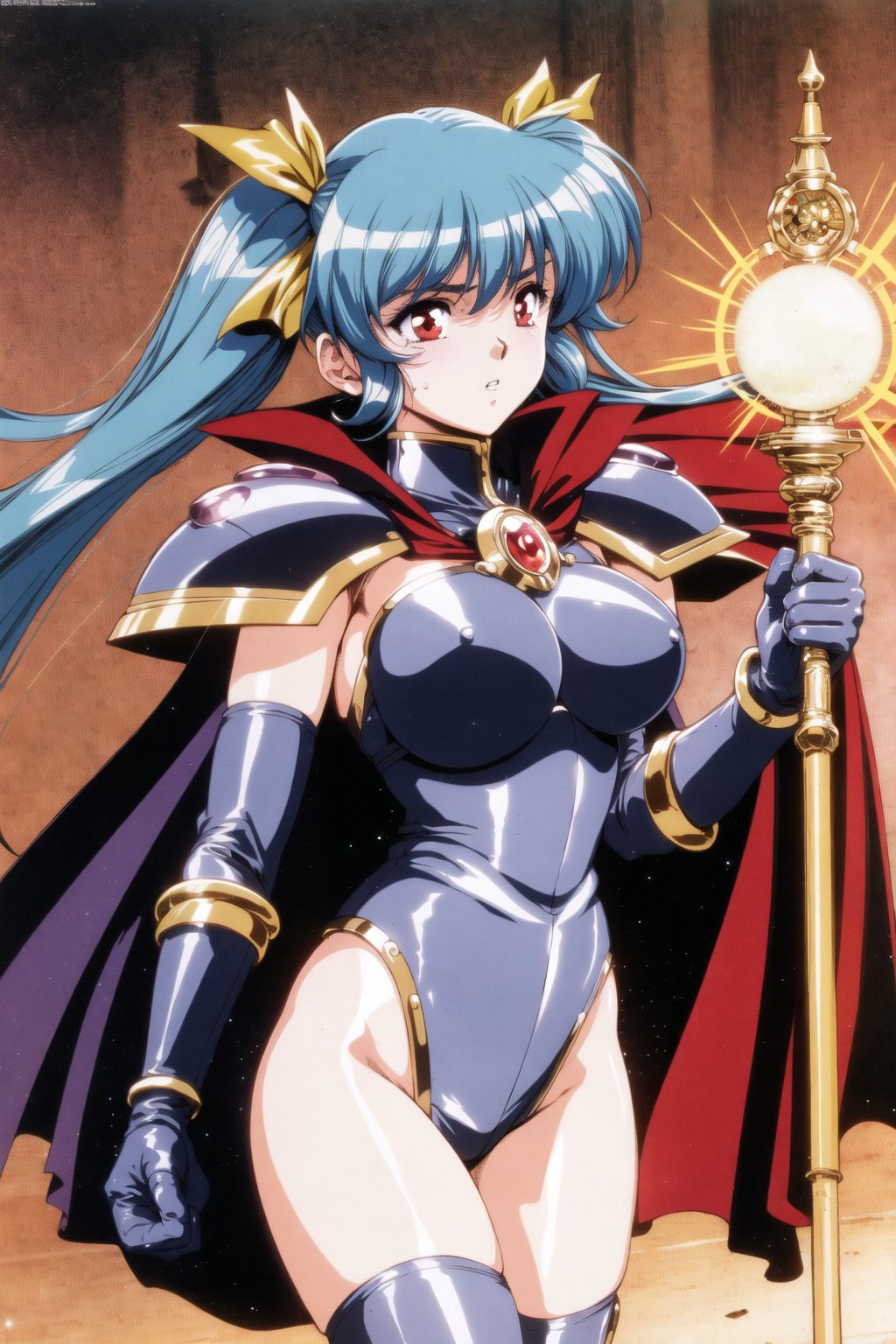 urushihara satoshi, himitsu no hanazono, 1girl, solo, long hair, looking at viewer, bangs, red eyes, gloves, bow, holding, twintails, blue hair, weapon, hair bow, boots, parted lips, elbow gloves, shiny, cape, armor, aqua hair, staff, shoulder armor, pelvic curtain, pauldrons, breastplate, holding staff, wand, magic, purple gloves