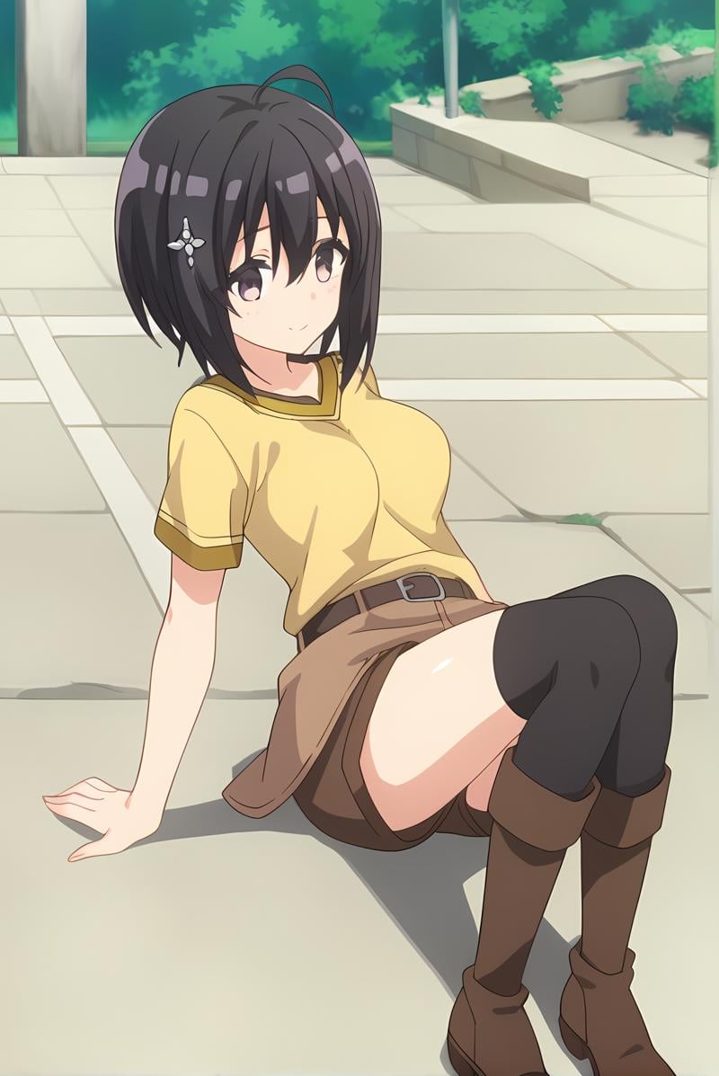 (yellow shirt born skirt brown shorts black thighhighs brown boots belt),  bof-maple,  black hair by Ttan on Tensor.Art