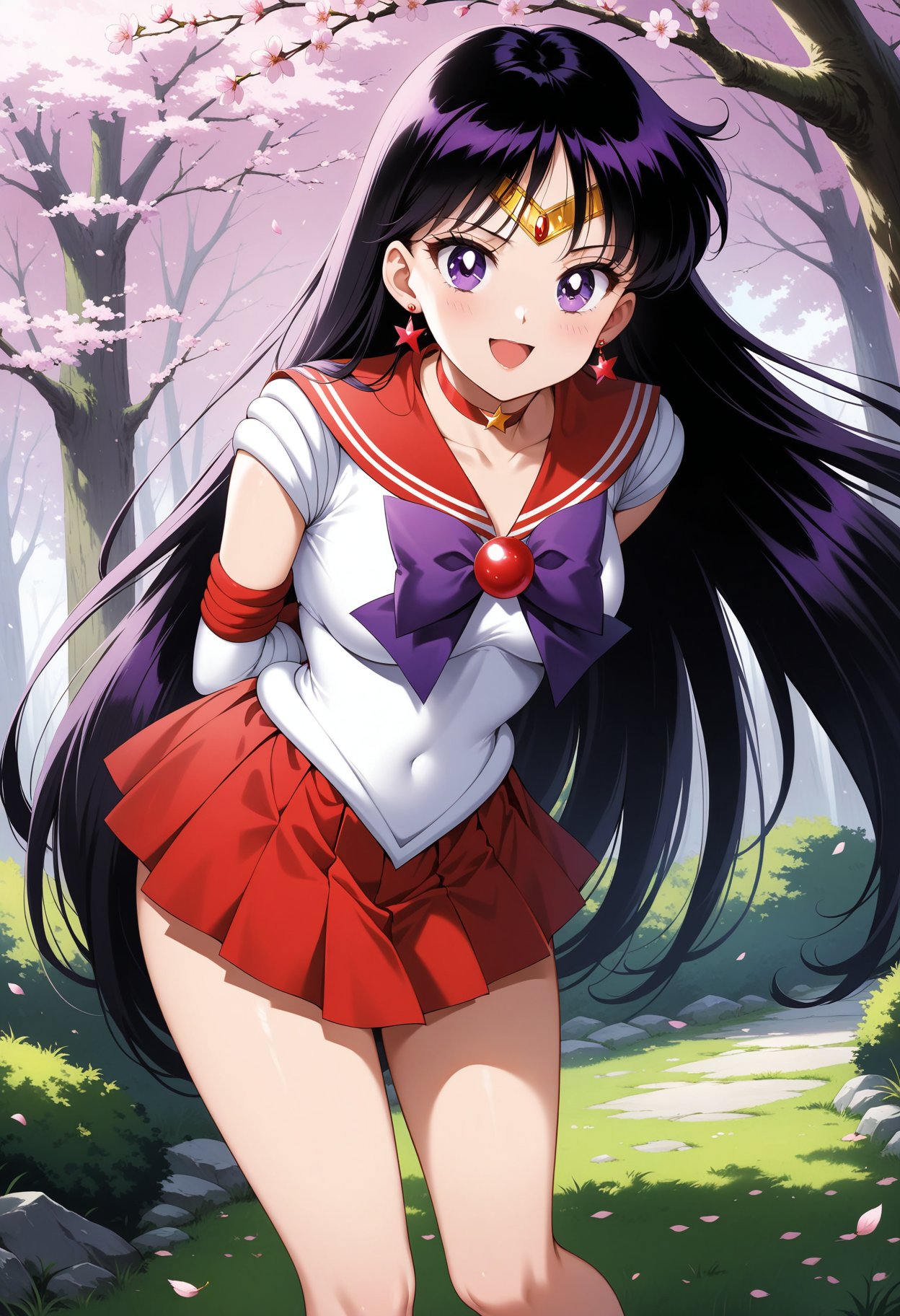 (masterpiece, best quality, very aesthetic, ultra detailed), intricate details, 4k, aamars, long hair, black hair, tiara, earrings, red choker, red sailor collar, purple bowtie, white shirt, elbow gloves, white gloves, pleated skirt, red skirt, bare legs, <lora:sailor_mars_animaginexl_v1:0.9>, smile, open mouth, arms behind back, cherry blossoms, standing, cowboy shot, outdoors, leaning forward