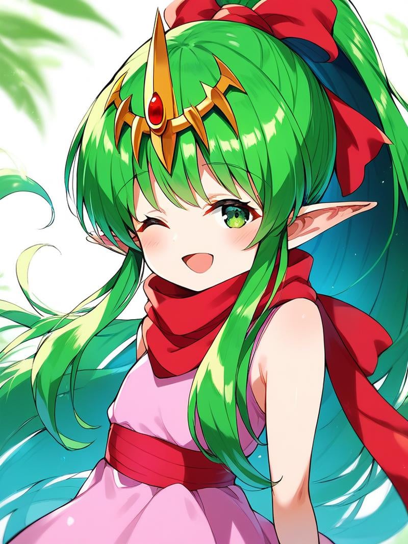 score_9, score_8_up, score_7_up, source_anime, rating_explicit, BREAK  <lora:Tiki_FE_XL:1>  Tiki, pointy ears, long hair, green hair, ponytail, tiara, green eyes, flat chest, hair ribbon, very long hair, short stack,solo, closed eyes, open mouth, smile, upper body, dress, looking at viewer, pink dress, sleeveless, scarf, ribbon,  blush,  bangs, red ribbon, sleeveless dress,grassland sky