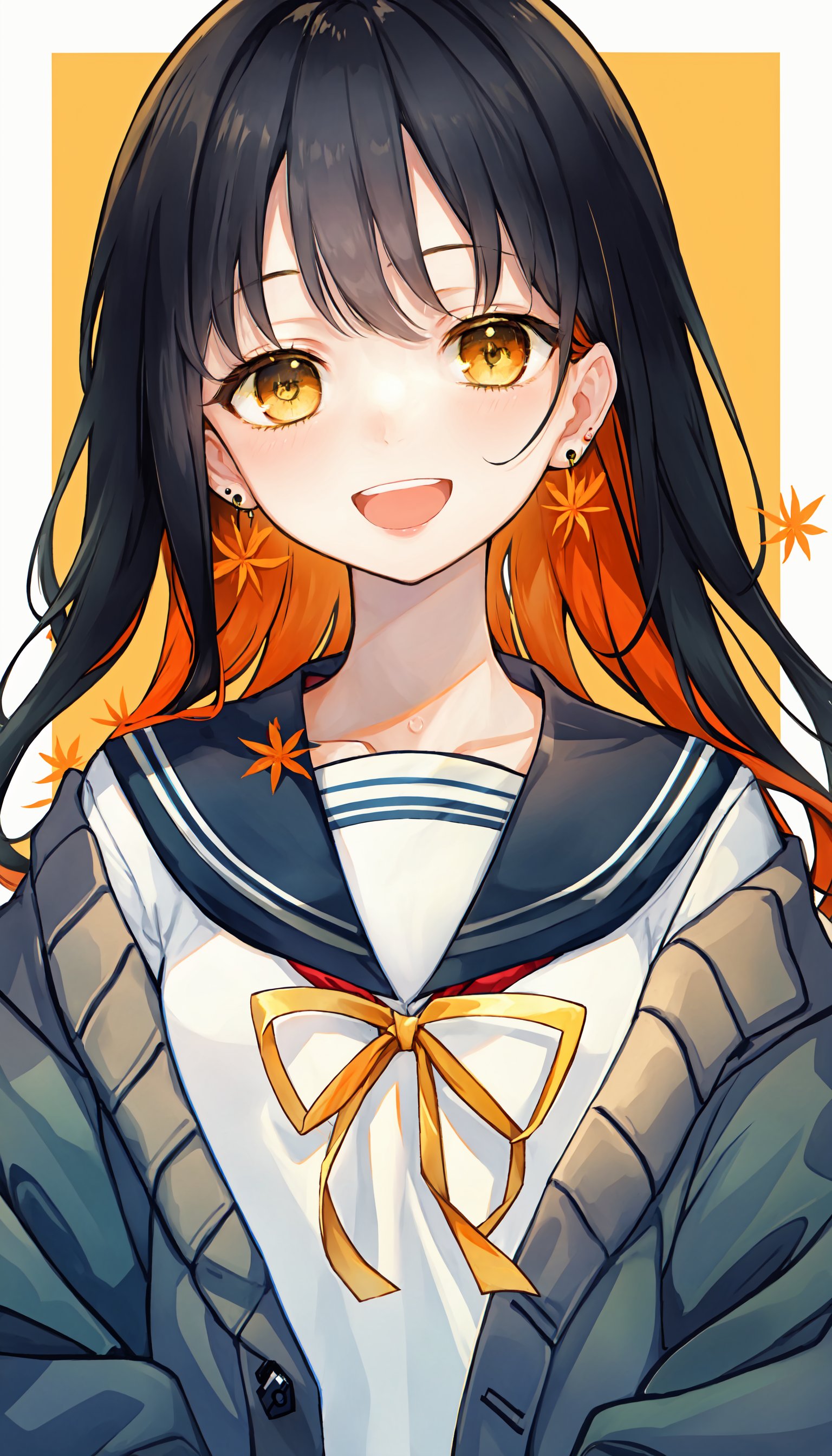 1girl, solo, flower, long hair, sailor collar, bangs, upper body, school uniform, ribbon, open mouth, black hair, smile, cardigan, looking at viewer, multicolored hair, long sleeves, orange hair, yellow eyes, serafuku, earrings, shirt, yellow ribbon, neck ribbon