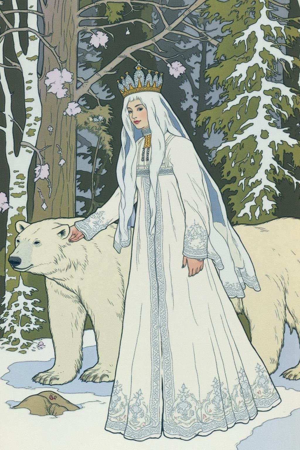 ivanbilibin1 illustration.dulac1. A Snow Queen with an ethereal appearance. She is dressed in a flowing,  long white gown...