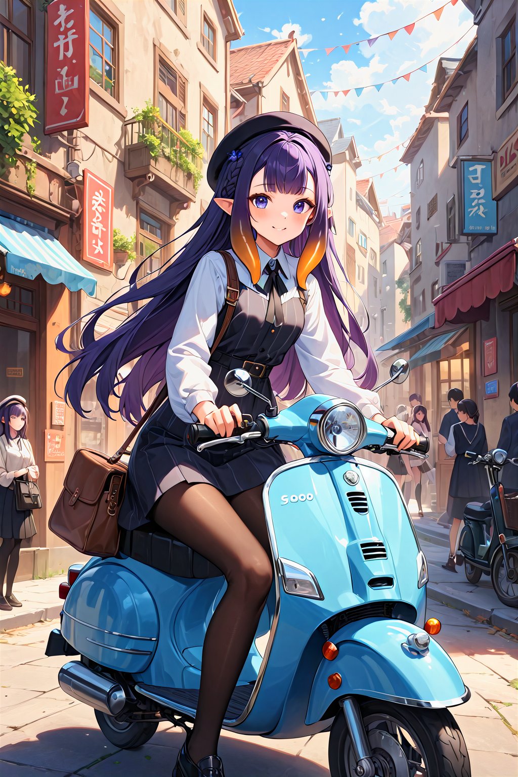 (master piece:1.4), (best quality), The highest image quality, excellent detail, ultra-high resolution, best illustration, attention to detail, exquisite beautiful face, 1girl, bag, bangs, beret, blunt bangs, dress, gradient hair, ground vehicle, handbag, hat, hololive, hololive english, long hair, mole, mole under eye, motor vehicle, multicolored hair, ninomae ina'nis, on scooter, orange hair, pantyhose, pointy ears, purple hair, ranyu, scooter, sidelocks, smile, solo, symbol-only commentary, tentacle hair, vehicle request, very long hair, virtual youtuber