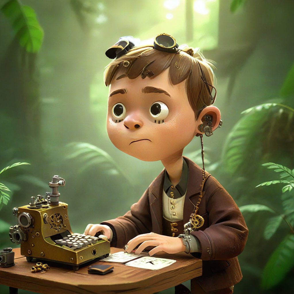 a Swiss kid steampunk, Typing in Subtropical Rainforest, macro, micro, depth of field, cinematic,  color grading <lora:RealisticCartoon_0.2:1> 