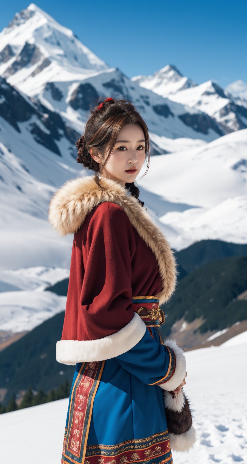 solo,1girl,(fur trim:1.2),look at the viewer,(traditional clothes:1.2),outdoors,sky,brown hair,cloud,long sleeves,blurry,fur clothes,blurry background,(wide sleeves:1.2),tibetan,red and blue clothes,portrait,bust,national costume,tibetan clothing,snow mountain,<lora:LH_ZF:0.5>,