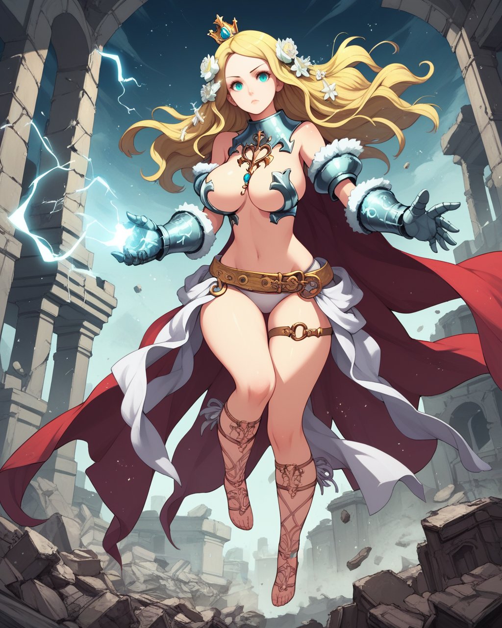 score_9, score_8_up, score_7_up,score_6_up, score_5_up, score_4_up , solangeDG, looking at viewer,aqua eyes, belt, bikini armor, blonde hair, gauntlets, hair flower, crown, jewelry, long hair, armor,  armlet, detached sleeves, red cape,large breasts,skindentation, curvy,full body,flying, midair, levitation, floating, light particles, rubble,ruins, dim_lighting, serious, electricity, night, aura,<lora:Solange-SDXL (Pony)-v01-000003:0.80>