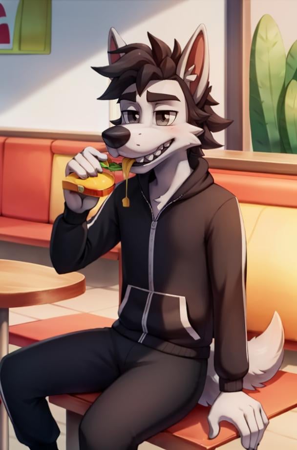 NuPogodiNewWolf, (chest tuft, black tracksuit, tail, teeth), (indoor, sitting, mcdonald's restaurant, eating lunch), (masterpiece:1.2), hires, ultra-high resolution, 8K, high quality, (sharp focus:1.2), clean, crisp, cinematic, <lora:Vlk-v1:0.7>