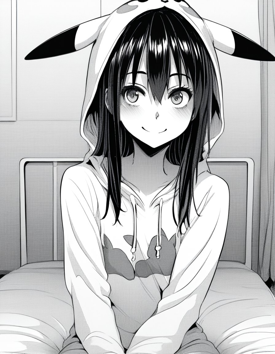 score_9, score_8_up, score_7_up, source_anime, sakiyoshida, <lora:saki-yoshida-manga-ponyxl-lora-nochekaiser:1>, saki yoshida, long hair, hair between eyes, monochrome, greyscale, black hair,, <lora:pikachu-cosplay-ponyxl-lora-nochekaiser:1>, pikachucosplay, pikachu \(pikachu\), character print, hood, hoodie, yellow hoodie,, bed, bed room, smile, blush, wariza, sitting,, cowboy shot, dutch angle, solo,