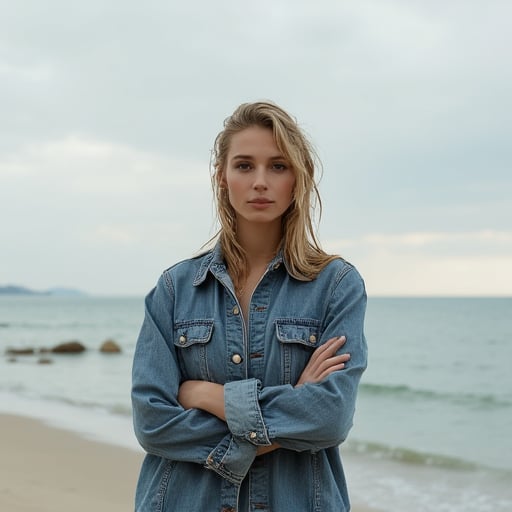 In the style of ohwx, a woman standing at the sea-shore