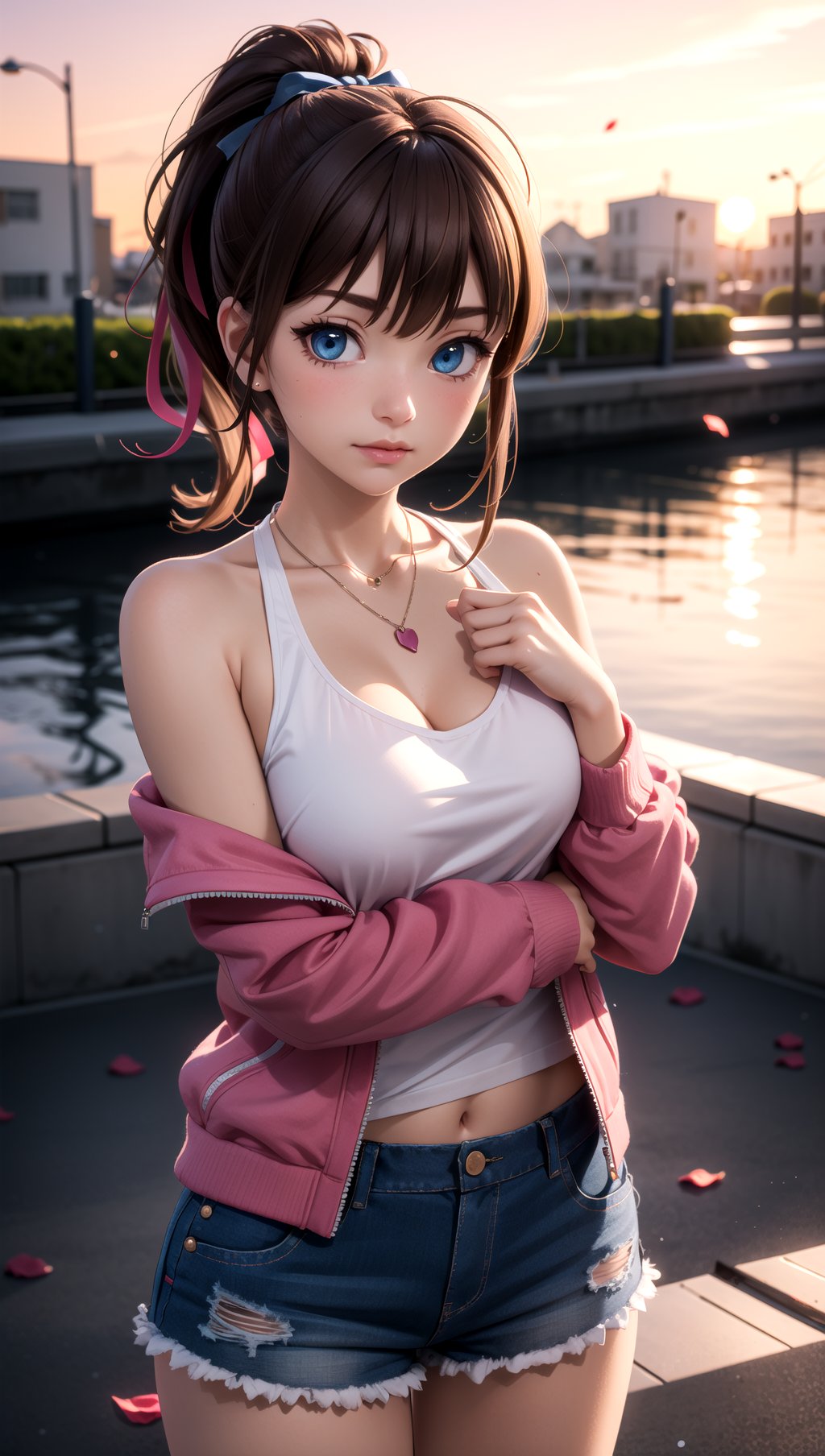 3d,3d background,1girl,bare shoulders,blue eyes,breasts,brown hair,hair ribbon,looking at viewer,necklace,ponytail,ribbon,shirt,multicolored jacket,skirt,shorts,pose,closed mouth,masterpiece,best quality,scenery,sunset,rose petals,