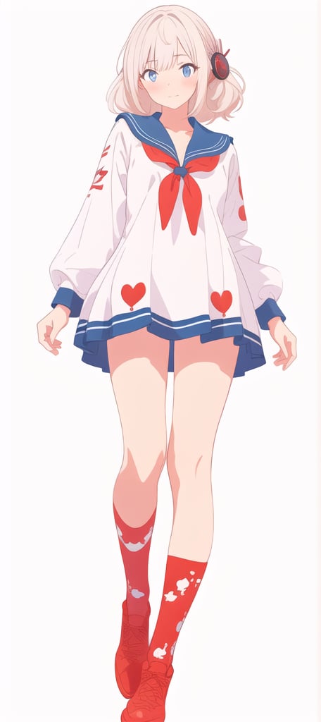 best quality,highly detailed,masterpiece,ultra-detailed,illustration,1girl,student,air bangs,sailor_shirt,sailor_dress,smug,white_background,front view,foot_focus,