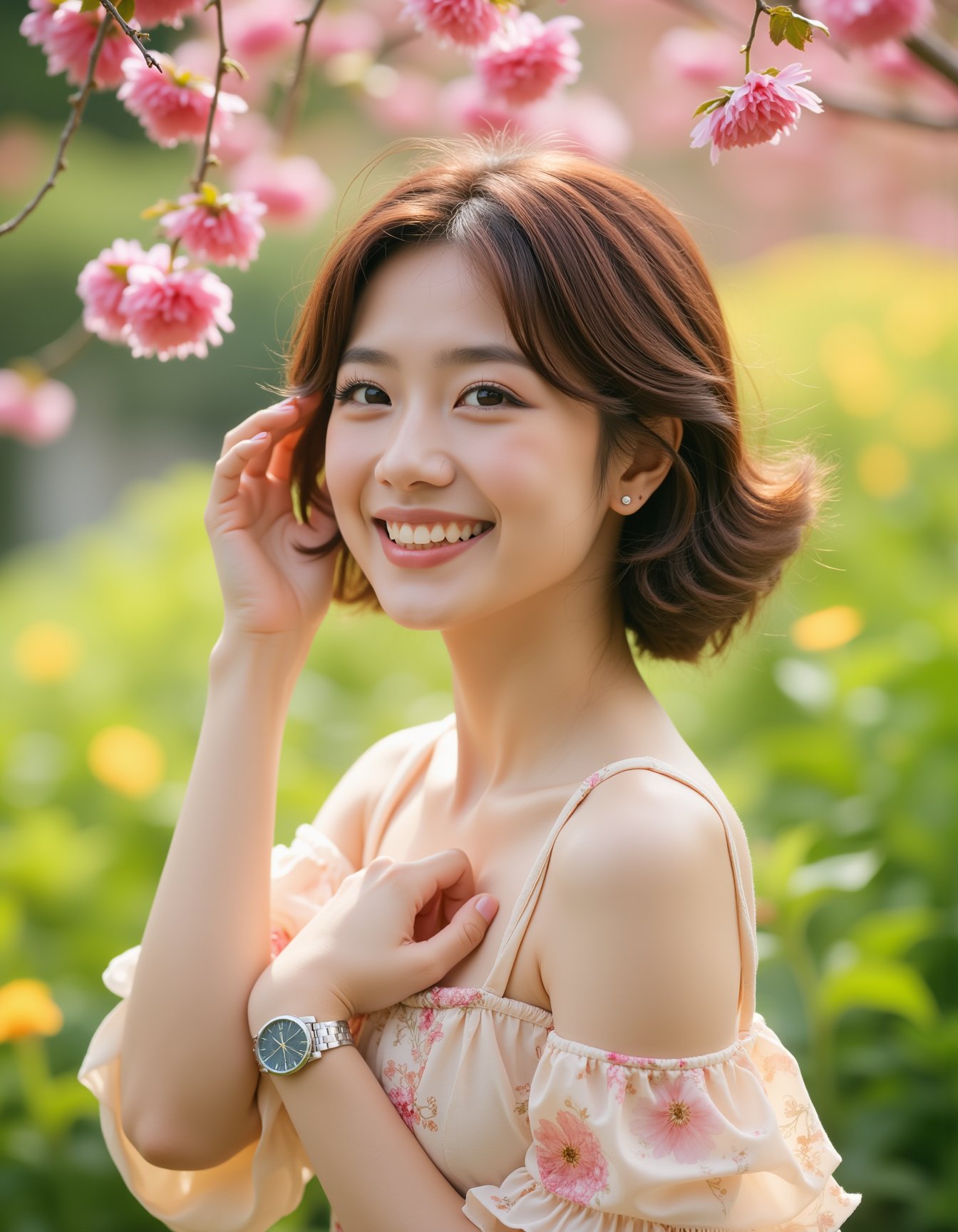 A high-quality photograph of a young woman standing in a vibrant garden, smiling brightly. She has short, wavy brown hair that catches the light, and she is wearing a light-colored, flowing dress with a subtle floral pattern. Her right hand is gently lifted to touch her hair, revealing a delicate wristwatch that adds a touch of elegance to her look. The soft lighting enhances the dreamy quality of the scene, while the sharp focus on the woman emphasizes her joyful expression and graceful pose. The overall mood is one of relaxation and happiness, with the vibrant garden and her radiant smile perfectly capturing the essence of a peaceful, carefree moment. The backdrop is filled with lush greenery and vibrant cherry bloom flowers that frame the scene beautifully, creating a romantic and serene atmosphere, <lora:hinaFluxAsianMixLora_v2-rev4:0.9>