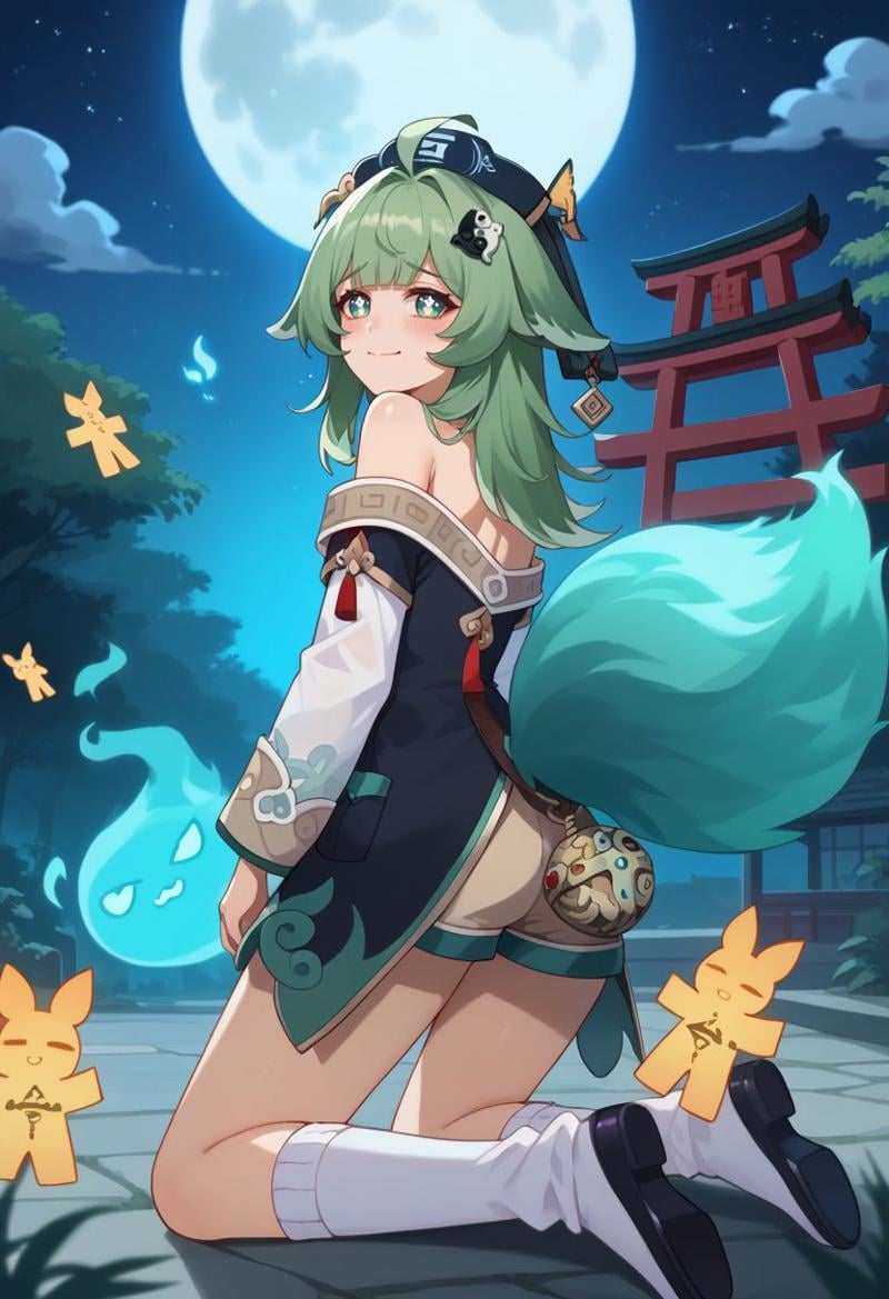 score_9, score_8_up, score_7_up, source_anime, 1girl, huohuodef, green eyes, symbol-shaped pupils, green hair, long hair, ahoge, fox girl, animal ears, fox tail, hair ornament, yin yang, hat, bare shoulders, detached sleeves, long sleeves, shirt, chinese clothes, shorts, white socks, shoes, black footwear, wariza, kneeling, embarrassed, closed mouth, smile, blush, looking at viewer, trees, shrine, night, starry sky, moon, ghosts, from behind, looking back, <lora:Huohuo_v1-000010:1>